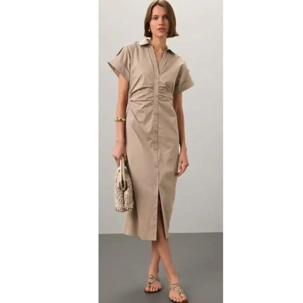 Saunders Ruched Shirt Dress Short Sleeve Collared Button Front Midi Beige 2